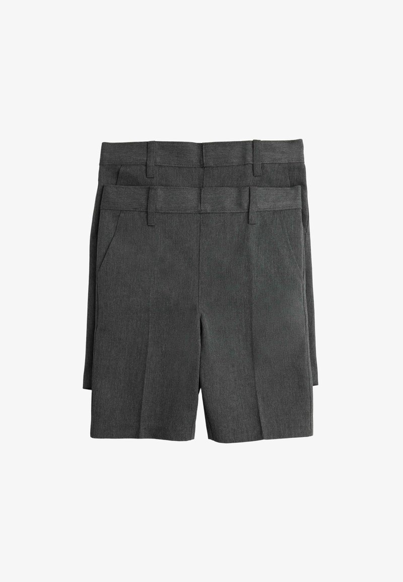 Zwei Paare dunkelgraue knielange Shorts mit Gürtelschlaufen und Vordertaschen, übereinander gestapelt, wobei eines leicht hinter dem anderen liegt.