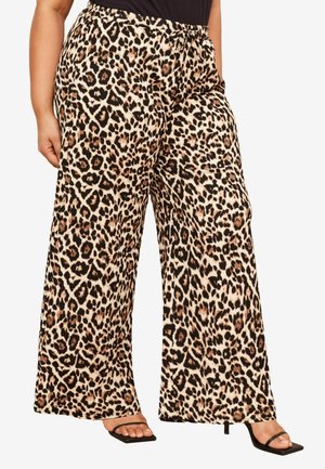 Leopardprint wijdbenige broeken van zachte stof. Voorzien van een elastische tailleband en een trekkoord. Kleuren zijn zwart, bruin en crème.
