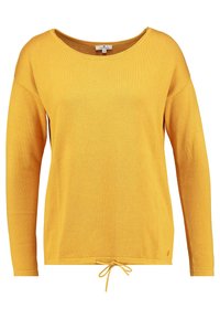 Svetr s dlouhým rukávem žluté barvy z pleteniny, kulatý výstřih, volný střih a šňůrka v dolním okraji. Měkká textura a minimální branding.