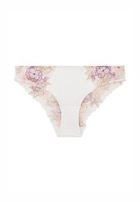 Sous-vêtements en dentelle blanche ornés de broderies florales dans des tons rose, violet et doré. Les bords festonnés ajoutent de la texture et du détail.