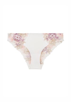 Sous-vêtements en dentelle blanche ornés de broderies florales dans des tons rose, violet et doré. Les bords festonnés ajoutent de la texture et du détail.