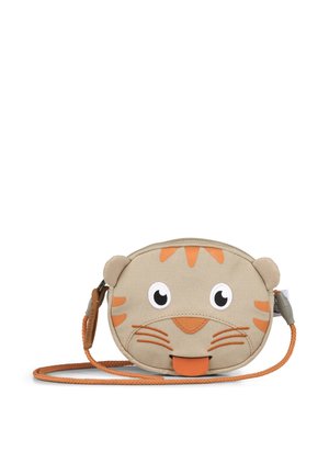 Beige-orangefarbene Umhängetasche in Form eines Tigerköpfs im Cartoon-Stil mit Ohren, großen Augen, Schnurrhaaren und herausgestreckter Zunge.