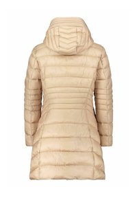 Beige gesteppte Jacke mit Kapuze, vertikalen Steppnähten, glatter Textur und taillierter Silhouette, die bis zur Mitte des Oberschenkels reicht.