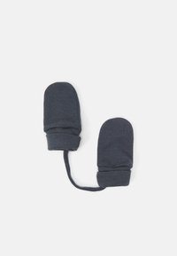 Luvas de algodão cinzentas com pontas arredondadas e punhos elásticos, ligadas por um cordão de tecido. Textura suave, projetadas para calor e conforto.