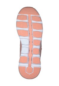 Suola di una scarpa con una superficie testurizzata caratterizzata da motivi esagonali e rettangolari in rosa chiaro e bianco, che fornisce trazione e supporto.