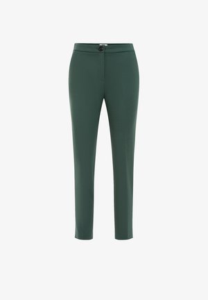 Donkergroene rechte broek met knoop- en ritssluiting, ontworpen voor een getailleerde pasvorm.