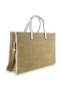 Jute draagtas in natuurlijk bruin met witte leren accenten en handvaten. Heeft een gestructureerd ontwerp en een verstelbare schouderriem met patroon.
