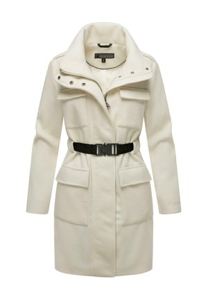 White wool blend coat with a high collar, zippered front, and black belted waist. Features two front pockets and a smooth texture.