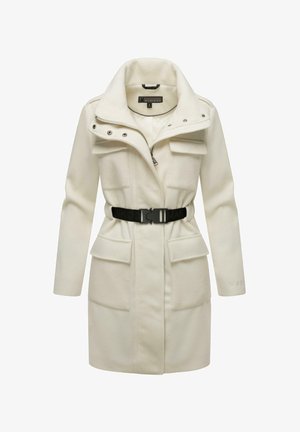 Witte wolmix jas met een hoge kraag, rits aan de voorkant en een zwarte ceintuur in de taille. Heeft twee voorzakken en een gladde textuur.