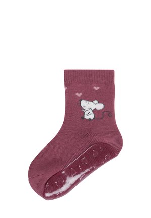 Bordeauxsocke mit einer weißen Mäusegrafik und Herzen. Verfügt über eine strukturierte, rutschfeste Sohle. Hergestellt aus weichem Stoff mit geripptem Bündchen.