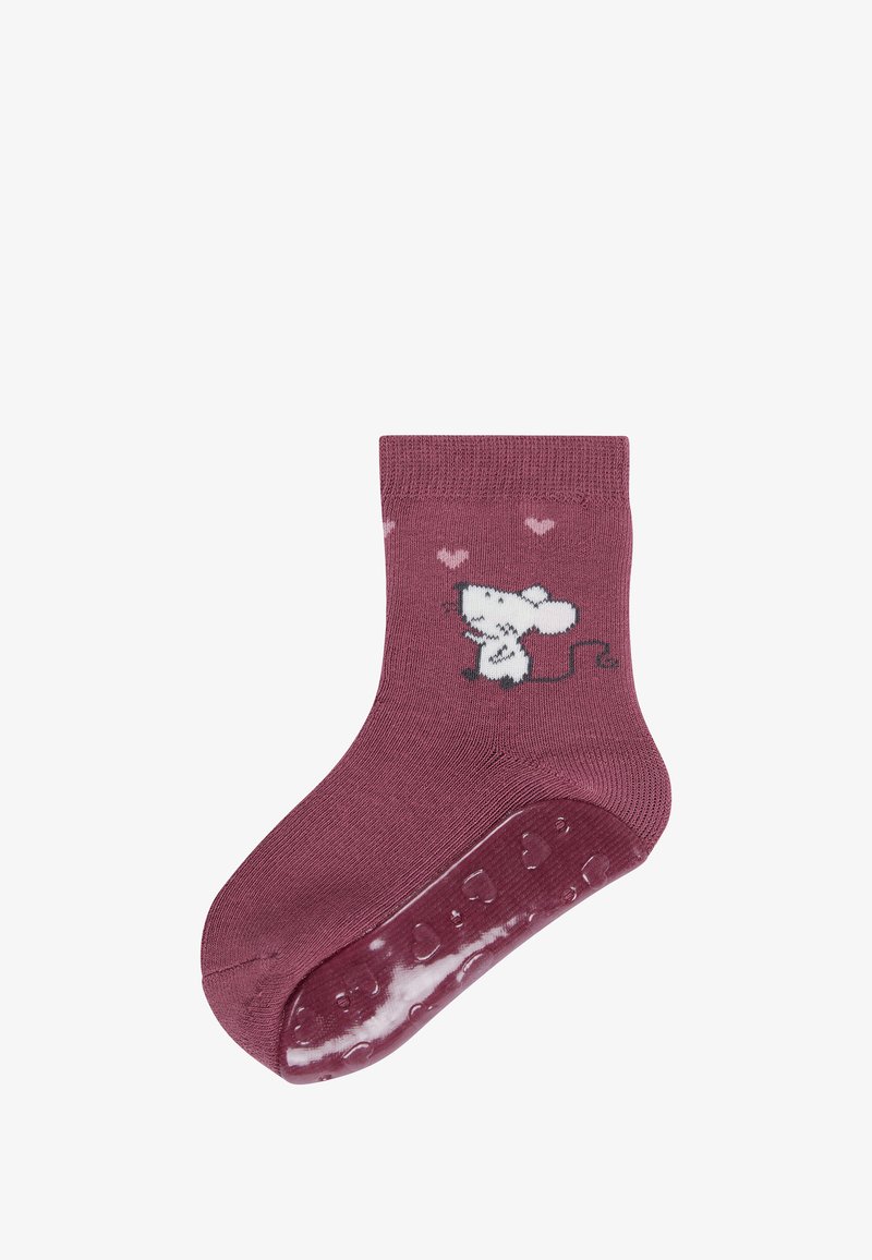 Maroon sock with a white mouse graphic and hearts. Features a textured, slip-resistant sole. Made from soft fabric with ribbed cuff.