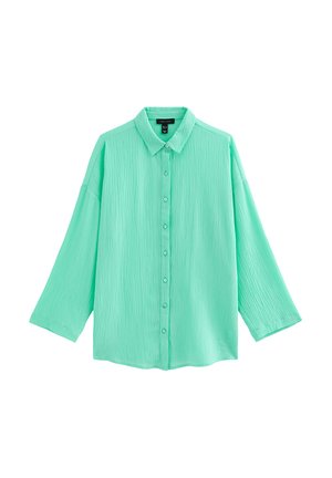 Camisa mint verde arrugada de manga larga con botones, con cuello clásico y ajuste relajado, mostrada sobre un fondo blanco.