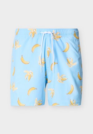 Šviesiai mėlyni plaukimo šortai su geltonų bananų ir nulupito banano piešiniais, turi elastinę juosmenį ir baltą raištelį.