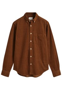 Braunes Cordhemd mit Knopfverschluss, langen Ärmeln, abgerundetem Saum und einer einzelnen Tasche auf der linken Brust, ausgestattet mit weißen Knöpfen und Logo-Stickerei.