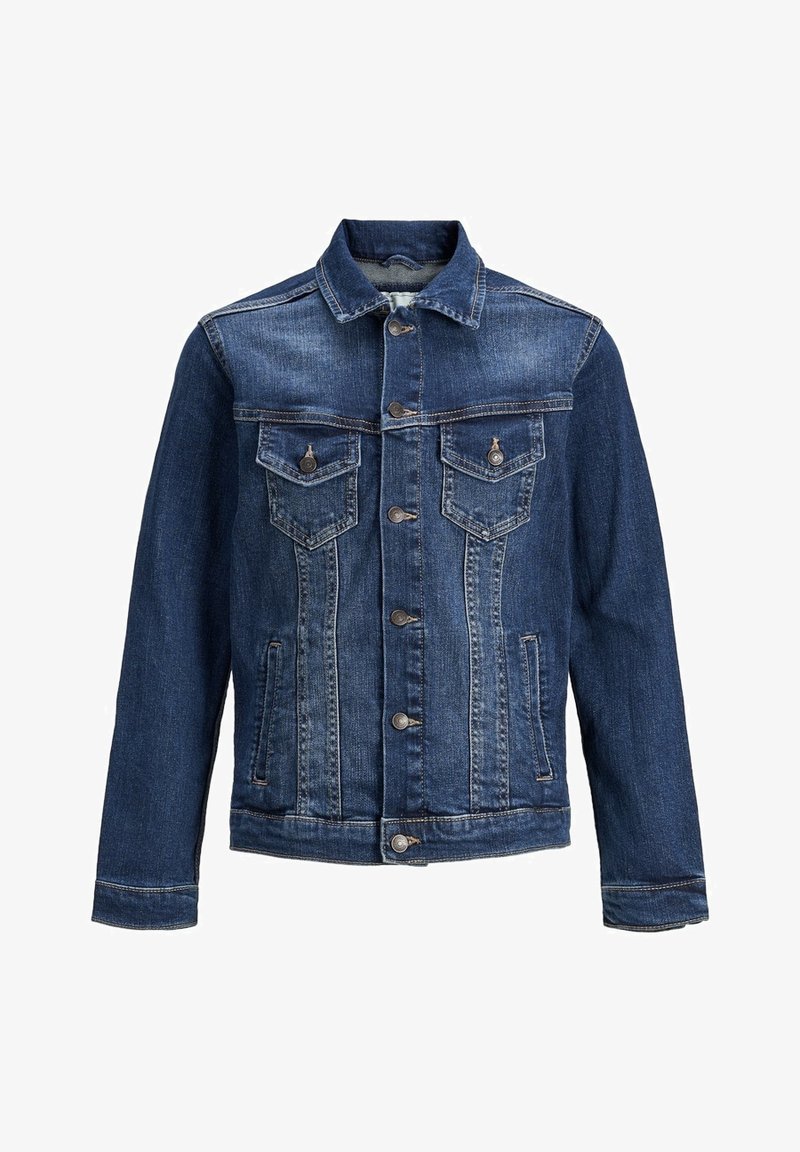 Tmavě modrá džínová bunda s knoflíkovým zapínáním, dvojitými náprsními kapsami s klopami, špičatým límcem a standardními manžetami.