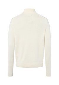 Ecrufarbener Pullover mit hohem Kragen, langen Ärmeln, gerippten Bündchen und Saum sowie einer strukturierten Oberfläche. Keine sichtbaren Muster oder Verzierungen.