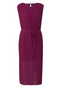 Lila plissiertes Kleid mit Rundhalsausschnitt, ärmellosem Design und passendem Bindegürtel. Verfügt über ein Keyhole-Rückendetail. Länge bis zur Mitte der Wade.