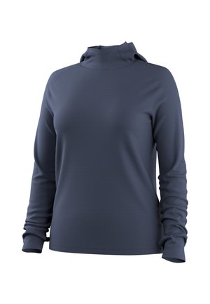 Mørkeblå struktureret pullover med lange ærmer, høj krave og forlængede manchetter på hvid baggrund.