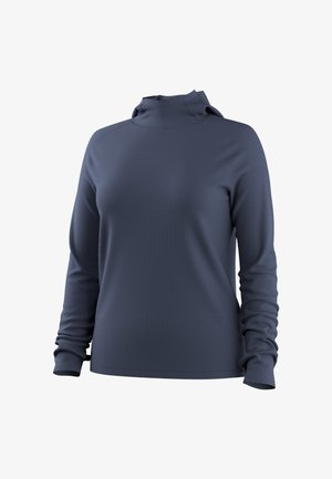 Mørkeblå struktureret pullover med lange ærmer, høj krave og forlængede manchetter på hvid baggrund.
