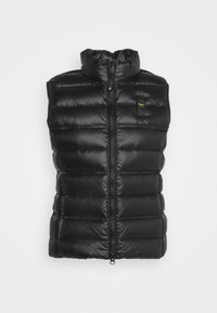 Czarna kamizelka puchowa wykonana z błyszczącego, pikowanego materiału z wysokim kołnierzem i przednim zamkiem błyskawicznym. Z logo umieszczonym po lewej górnej stronie.