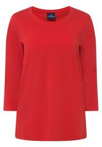 Maglia rossa a maniche lunghe realizzata in tessuto morbido, con scollatura rotonda e vestibilità comoda, caratterizzata da una leggera trama e priva di motivi o dettagli.