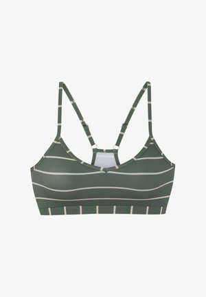 Roheline triibuline bralette reguleeritavate rihmadega, millel on lainelised beežid jooned, V-kaelusega disain ja pehme, veniv kangas.