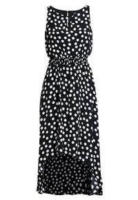 Robe noire sans manches à pois blancs, taille cintrée, et ourlet asymétrique. Fabriquée en tissu léger, elle présente un col en forme de goutte d'eau.