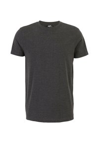 Tricou scurt, gri închis, cu mânecă scurtă, într-o croială obișnuită. Fabricat dintr-un amestec moale de bumbac, având guler rotund și tiv drept.