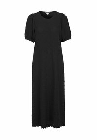 Černé midi šaty vyrobené z texturované tkaniny, s krátkými nabíranými rukávy a kulatým výstřihem, v volném, splývavém designu a se scalloped lemem.
