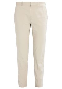 Beiga byxor i ett mjukt tyg, med slim fit, bälteshällor och två framfickor, samt något avsmalnande ben.