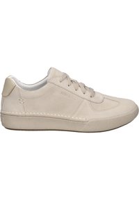 Baskets basses en daim beige avec laçage à l'avant, coutures discrètes, semelle en caoutchouc texturée et col rembourré au talon.