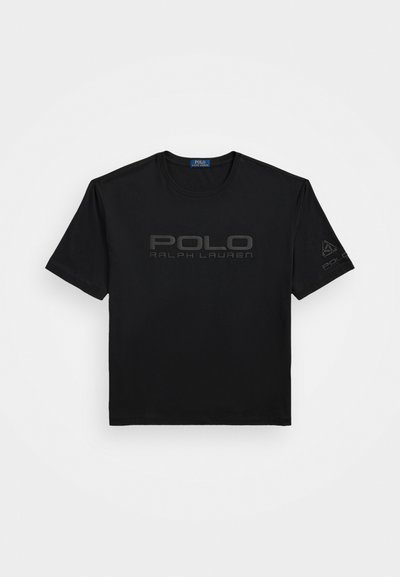 Black short-sleeve t-shirt made of cotton, featuring a raised "POLO RALPH LAUREN" logo on the front and a logo accent on the sleeve.