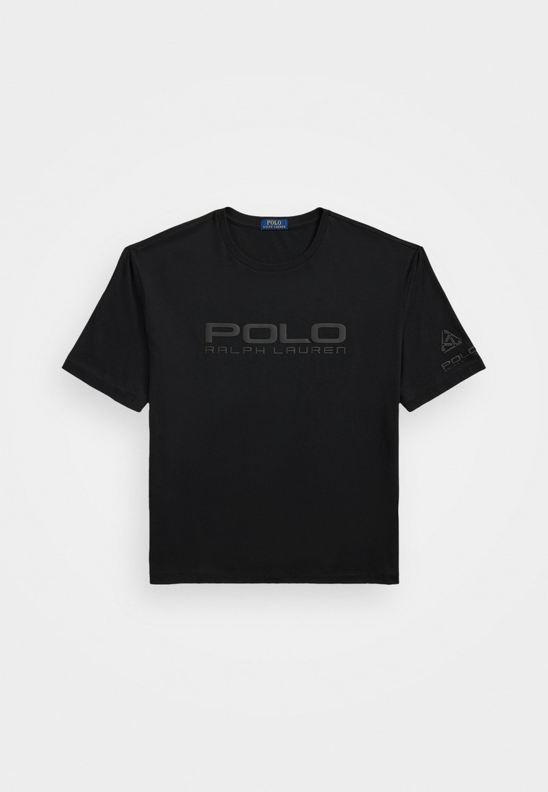 Black short-sleeve t-shirt made of cotton, featuring a raised "POLO RALPH LAUREN" logo on the front and a logo accent on the sleeve.