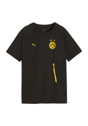 T-shirt de sport noir avec logo Puma jaune, emblème du club de football BVB 09 avec deux étoiles, et poche zippée jaune sur le côté droit avant.