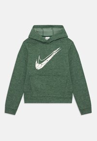 Sweat à capuche vert à manches longues avec poche frontale et grand logo Nike swoosh blanc usé sur la poitrine.