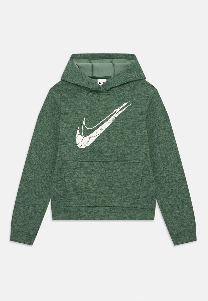 Grüne Langarm-Hoodie mit Fronttasche und großem, abgenutztem weißen Nike-Swoosh-Logo auf der Brust.