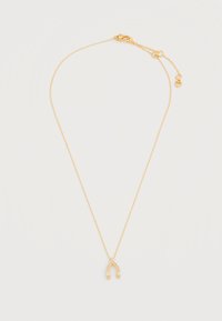 Λεπτό κολιέ με χρυσή αλυσίδα και μικρό μενταγιόν σε σχήμα κόκκαλο της τύχης, διακοσμημένο με κρύσταλλα, με ρυθμιζόμενο κούμπωμα και μικρό κόσμημα σε σχήμα καρδιάς.