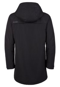 Veste noire imperméable avec capuche, présentant une texture lisse, des manches longues et une coupe droite. Comprend un logo au dos.