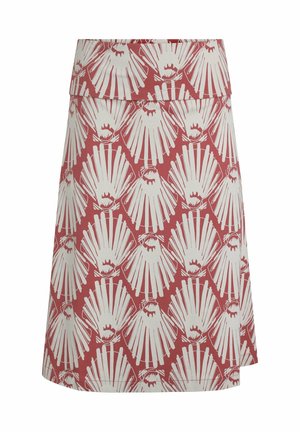Red skirt featuring a white shell pattern. Made from fabric with a smooth texture. Straight fit with a wide waistband and knee-length cut.