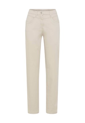 Pantalons en mélange de coton beige avec une coupe droite, poches avant, fermeture à bouton et texture lisse.