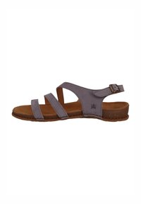 Gray suede sandal with three wide straps and an ankle strap. Brown leather insole and a textured rubber outsole for grip.
