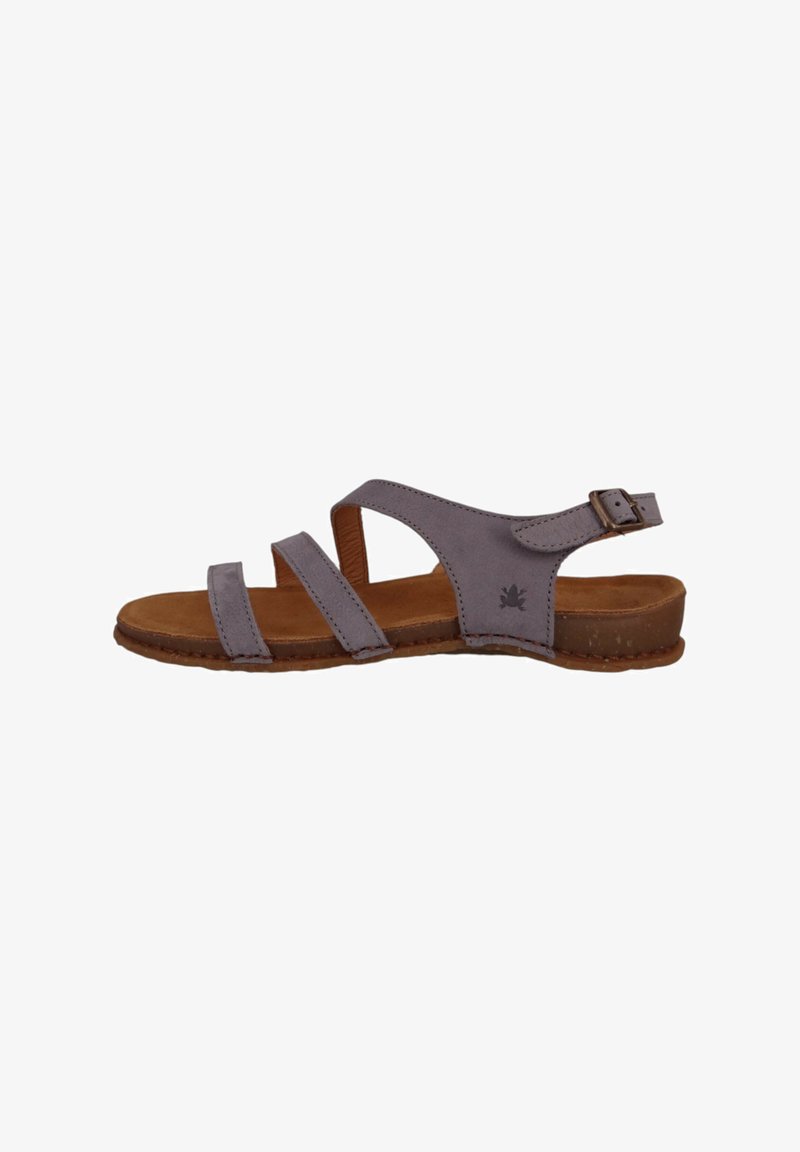 Gray suede sandal with three wide straps and an ankle strap. Brown leather insole and a textured rubber outsole for grip.