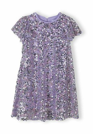Robe courte à manches courtes lilas couverte de sequins argentés avec un col rond et un tissu en maille superposé.