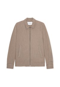 Μπεζ μπουφάν με φερμουάρ, κατακόρυφες λευκές ρίγες, γιακάς και πλαϊνές τσέπες. Κατασκευασμένο από υφασμάτινο ύφασμα με ομαλή υφή.