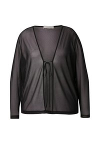 Top lungo trasparente nero a maniche lunghe con scollo a V e chiusura anteriore con fiocco, realizzato in un tessuto leggero e traslucido con dettagli di rifinitura sottili.