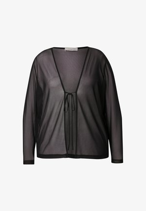 Černý průhledný dlouhý rukáv top s výstřihem do V a předním zavazováním, s lehkou, průsvitnou látkou a jemnými ozdobnými detaily.