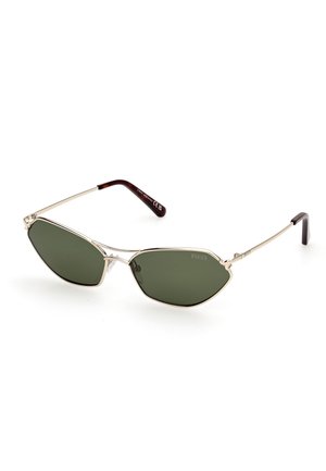 Metal solbriller med et geometrisk design, der har mørkegrønne linser og en tynd sølvramme. Stængerne har en kontrastfarve i burgunder.