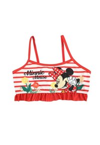 Crop top rouge et blanc à rayures avec un ourlet volanté, présentant un imprimé Minnie Mouse, des accents floraux et le texte "Minnie Mouse".