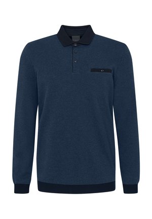 Navyfarbendes Langarm-Polohemd aus strukturiertem Stoff, mit einer Knopfleiste mit drei Knöpfen, einer schwarzen Akzenttasche und gerippten Bündchen.