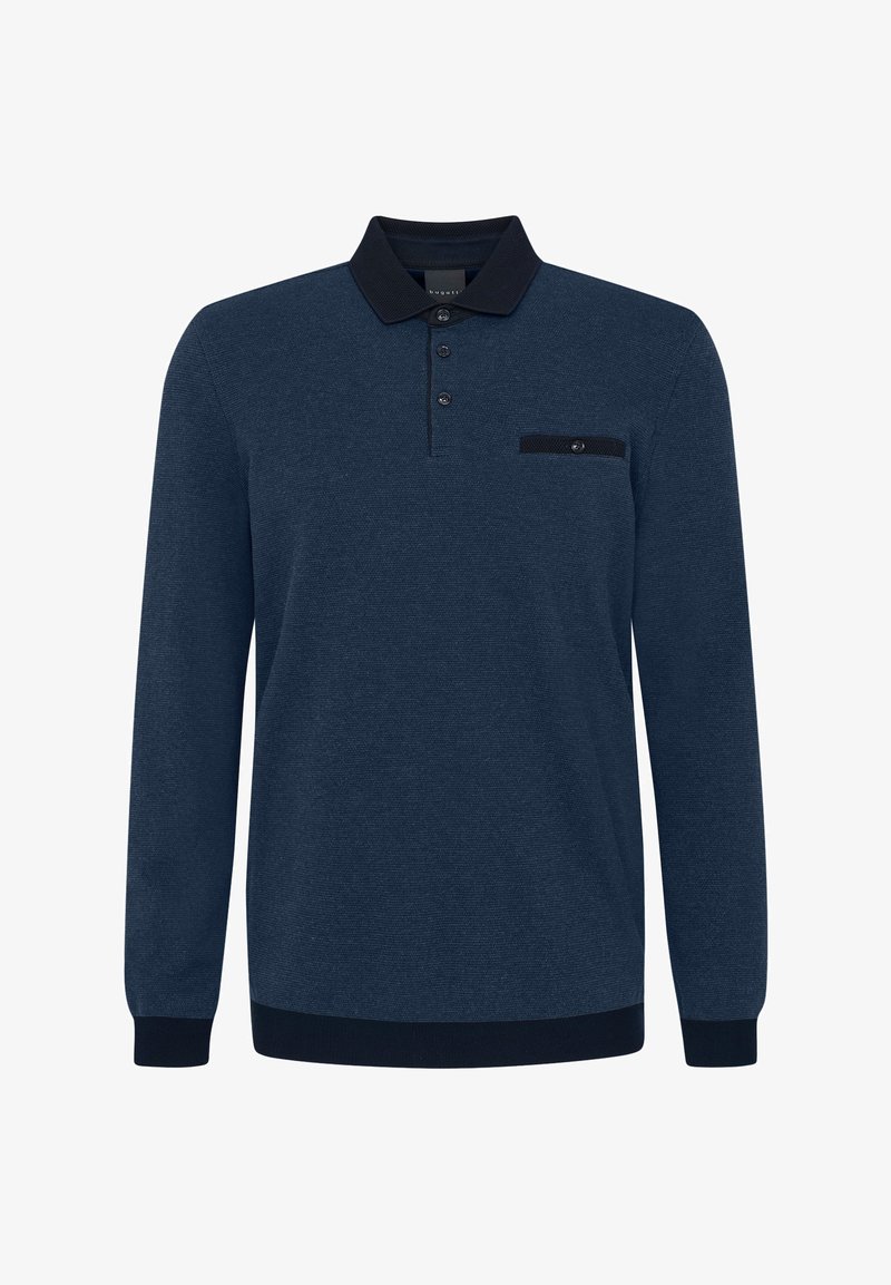 Navyfarbendes Langarm-Polohemd aus strukturiertem Stoff, mit einer Knopfleiste mit drei Knöpfen, einer schwarzen Akzenttasche und gerippten Bündchen.